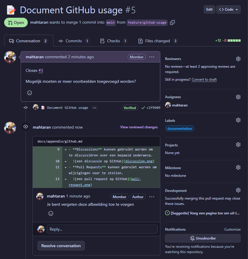 een pull request op GitHub